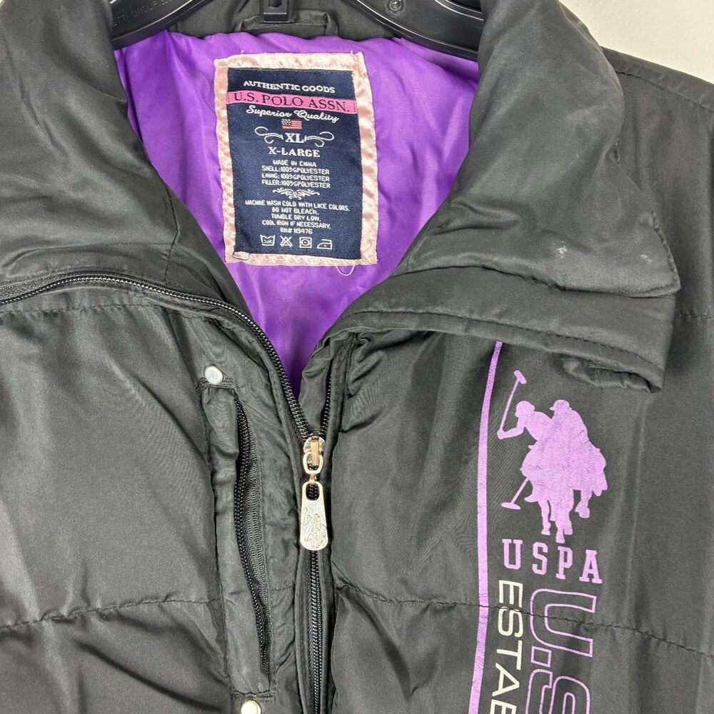 U.S. Polo Assn Girls Puffer Coat Jacket Black Purple Quilted XL /16 - Picture 2 of 7